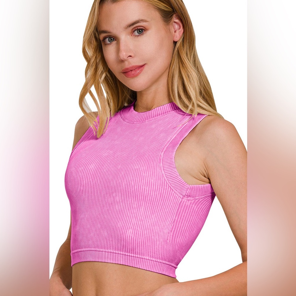 NWT Zenana Candy Pink Ribbed Seamless Cropped Tank –Washed Finish-Multiple Sizes - Picture 2 of 10